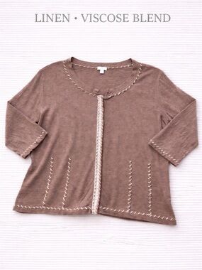 J. Jill Linen Blend Cardigan L Brown Whipstitch Lace Trim Button Front